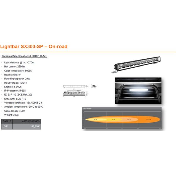 OSRAM LED LIGHTBAR SX300-SP, 29W, ref. 20, 355mm kaugtuli